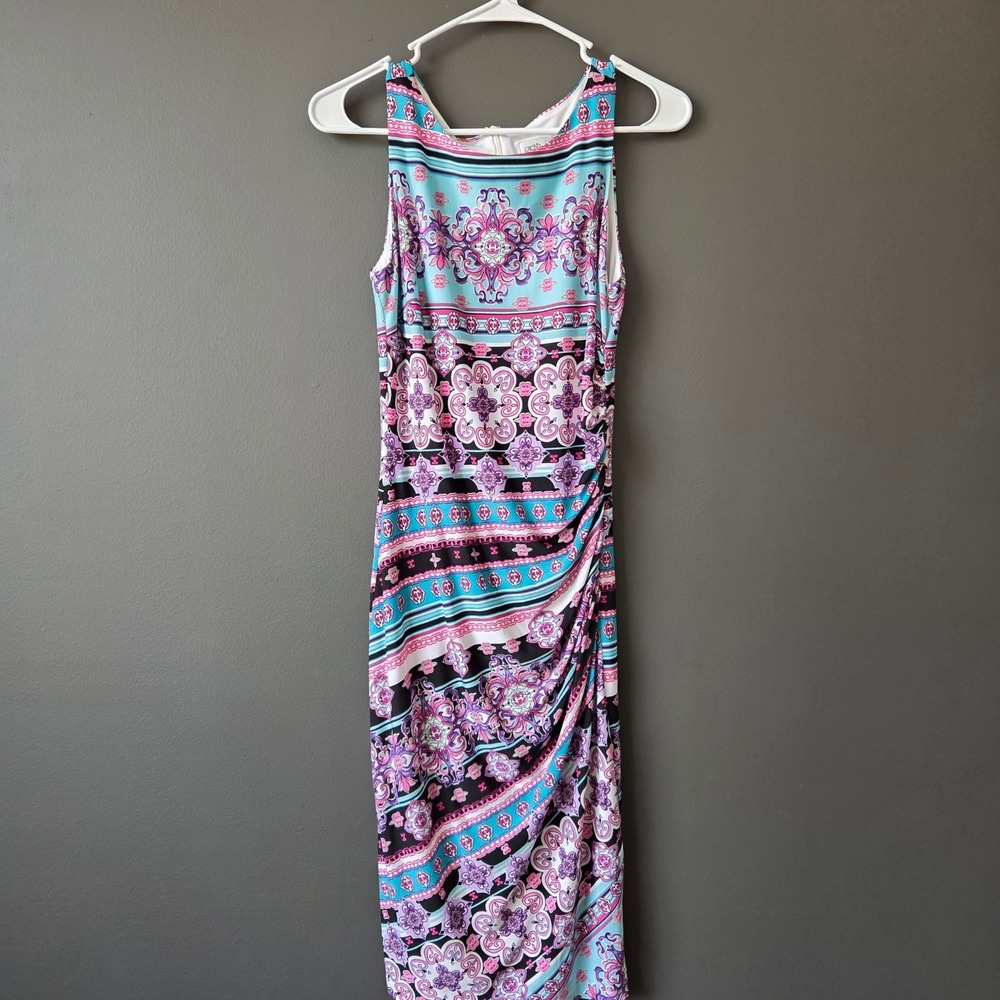 Cache Size 2 Pink Turquoise Medallion Print Ruched‎ Sleeveless Sheath Midi Dress